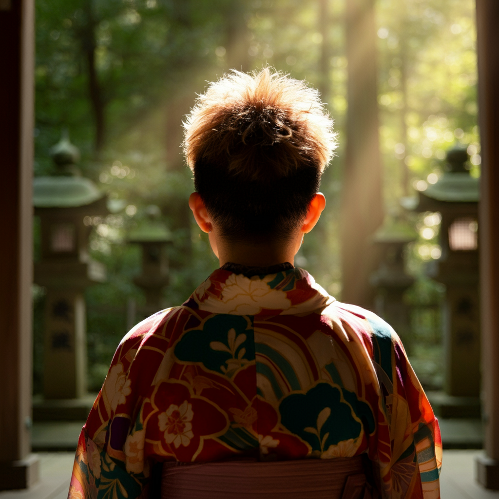 神社で考ええる人